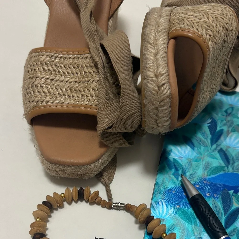 Maypol Spain Tan Espadrille Woven Nude Wedge Sandals Tie Shoes Anthropologie 39